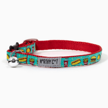 Food Fest Cat Collar with blue fabric and pattern of hot dogs, fries, and soda cups.