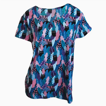 Goodnight Kitty Pajama Shirt with a peeking black cat amidst blue, purple, and pink jungle foliage.