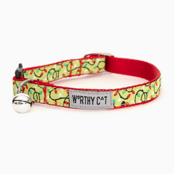 Lit Cat Collar with yellow fabric, red trim, and colorful Christmas lights design.