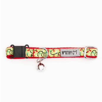 Yellow cat collar with red trim and festive Christmas lights pattern.