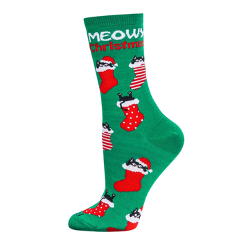 Green holiday socks featuring cats in Santa stockings with Santa hats.