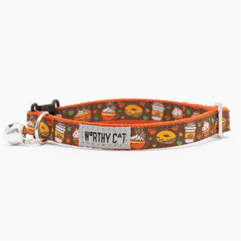 Pumpkin Spice Cat Collar with brown fabric and pumpkin spice coffee and donut print.