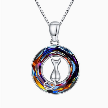 Sterling silver cat pendant surrounded by a round rainbow crystal, symbolizing a tribute to cherished cats.