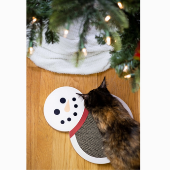 Snowman Scratch Pad for cats with a jolly snowman face and scratchable reverse side.