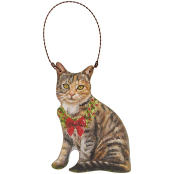 Wooden Tabby Cat Christmas Ornament featuring a gray tabby cat wearing a wreath scarf, with a twisted metal wire for hanging.