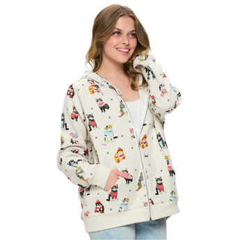 Winter Cats Zip Up Hoodie with colorful cats in winter outfits