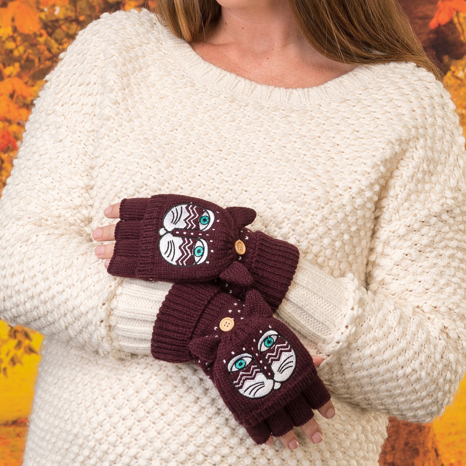 Cat Gloves for Women, Burgundy Flip Cat Mittens