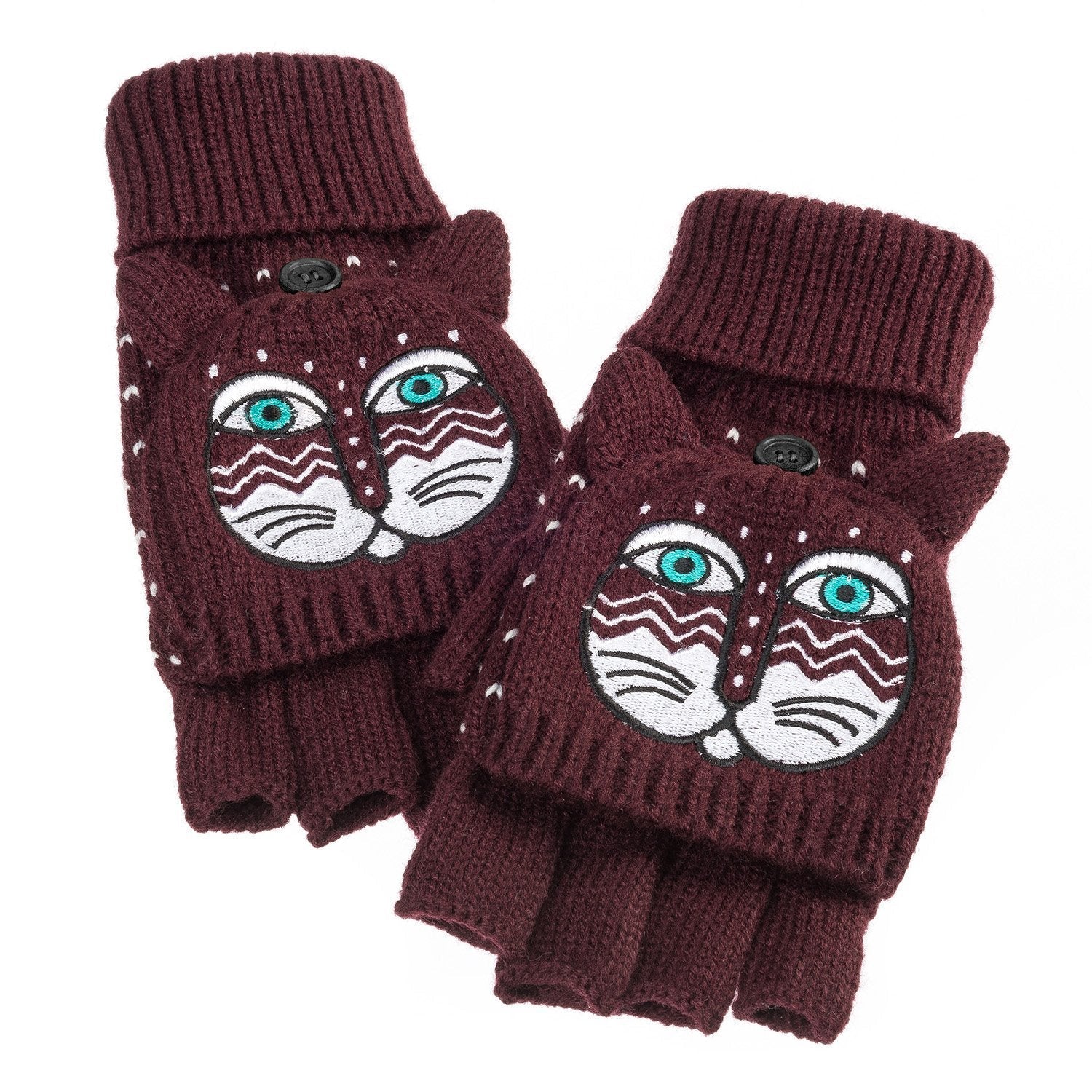 Cute Cat Themed Accessories, Burgundy Cat Mittens for Women With A Flip Cat Design