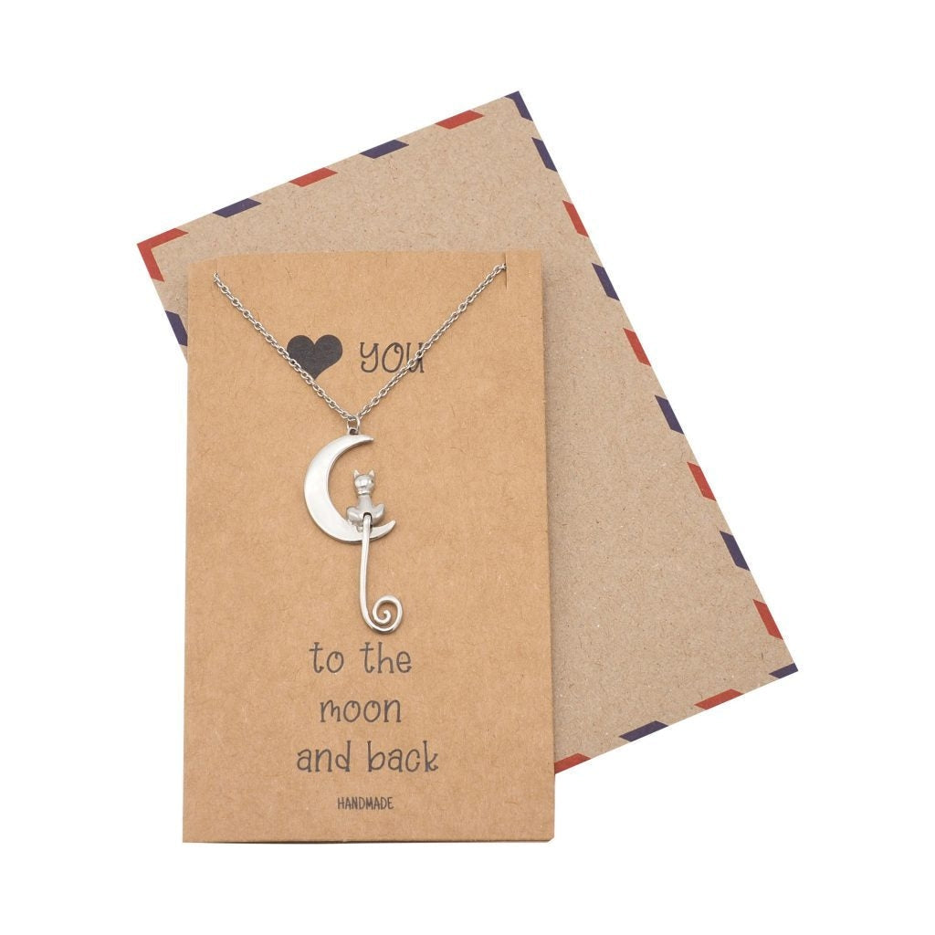 Silver Cat Jewelry, Cat On A Moon Necklace