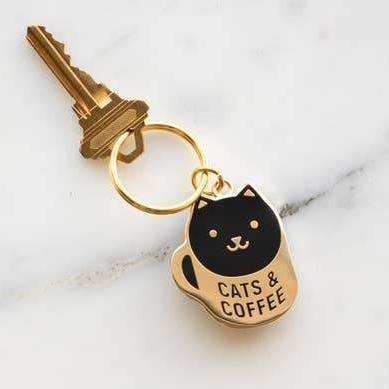 Cat Themed Accessories, Cat Lover Keychain, Cute Cat Keychain With The Words Cats And Coffee On A Handmade Cat Shaped Charm