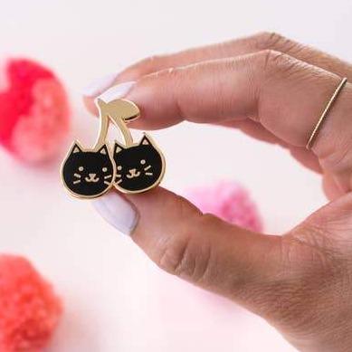 Funny Cats Pin, Cats Pin Featuring Two Black Enamel Cats And Gold Plated Metal