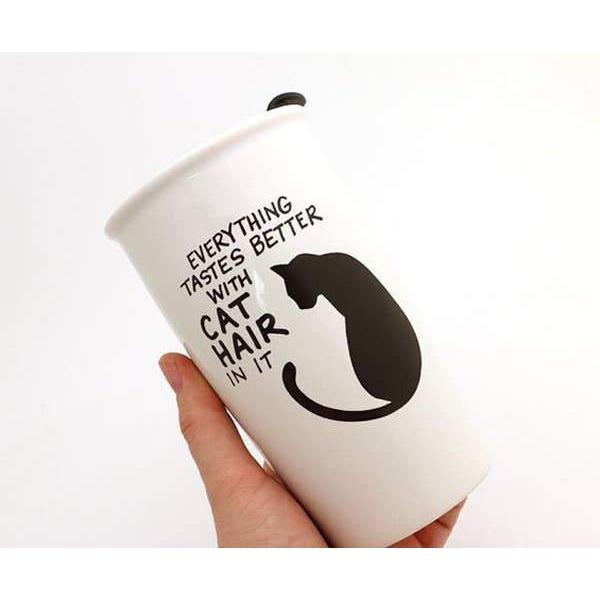 Cat Coffee Travel Mug With The Phrase Everything Tastes Better with Cat Hair In It Printed On The Front