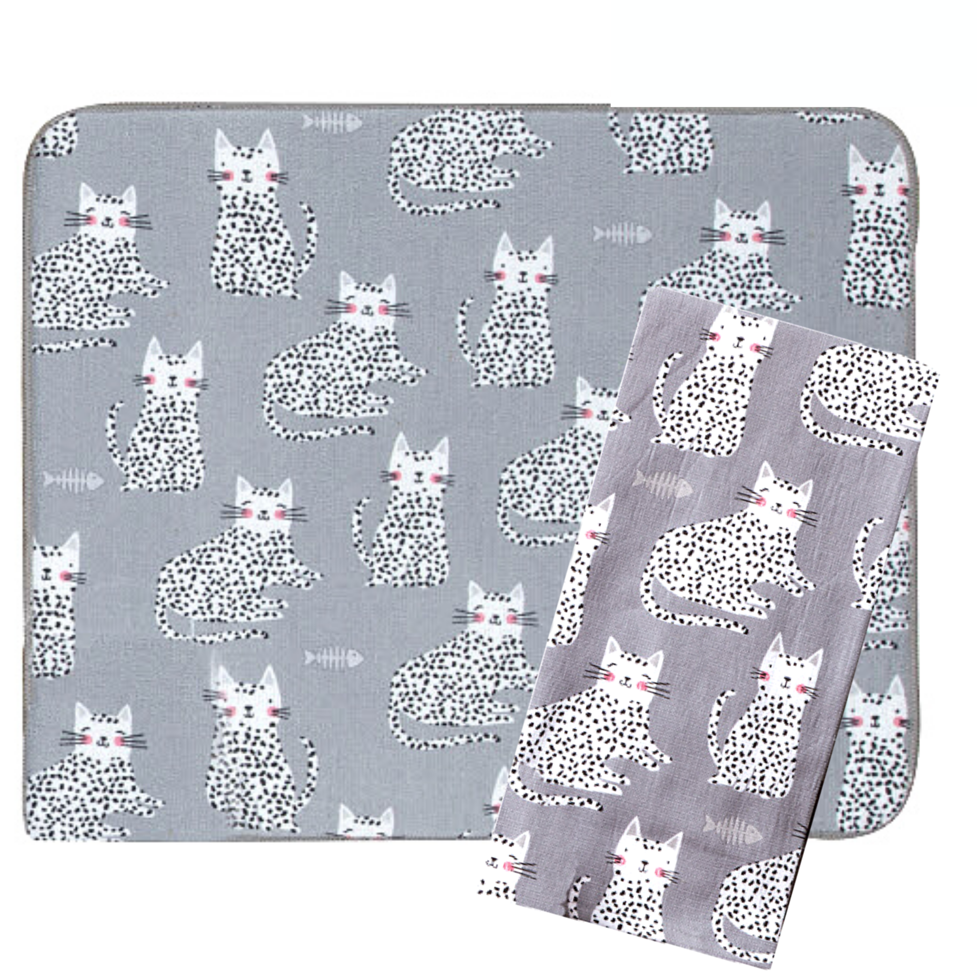 Cat Themed Kitchen Accessories, Cat Dish Drying Mat and Cat Kitchen Towel Set