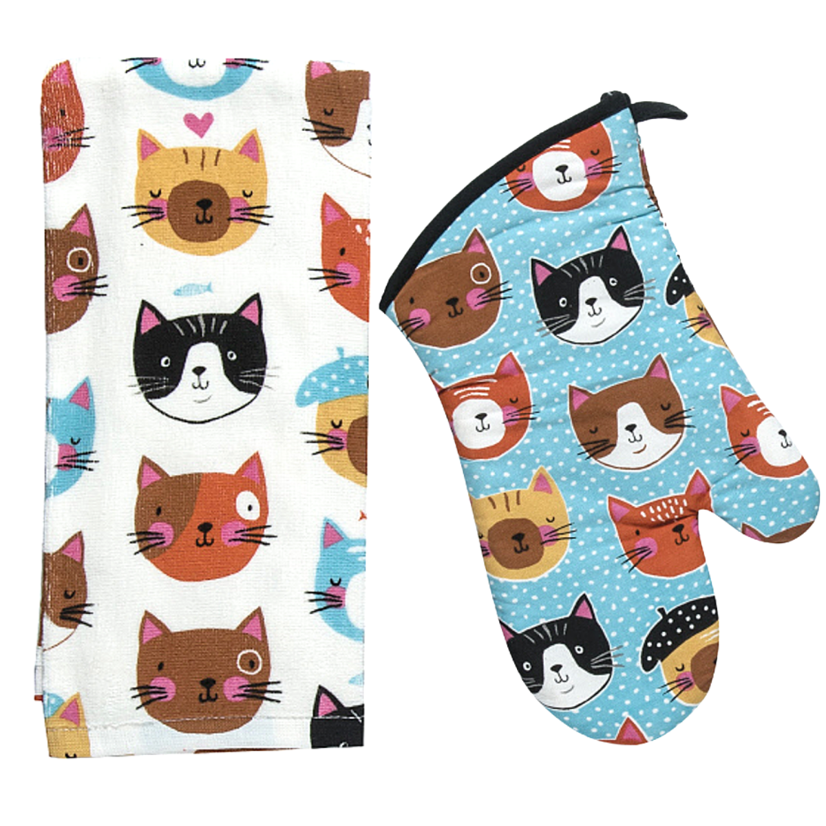 Cat Themed Kitchen accessories, Towels With Cats On Them, Cat Oven Mitt, Happy Cats Towel And Mitt Set