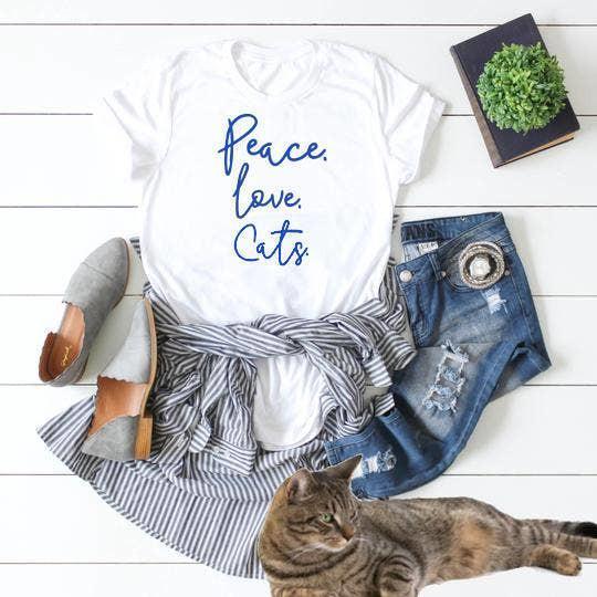 Clothes for Cat People, Peace Love Cats T-Shirt for Cat Lovers