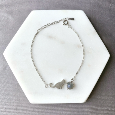 Cat Jewelry Bracelet Featuring A silver Cat Pendant And Moonstone Gem