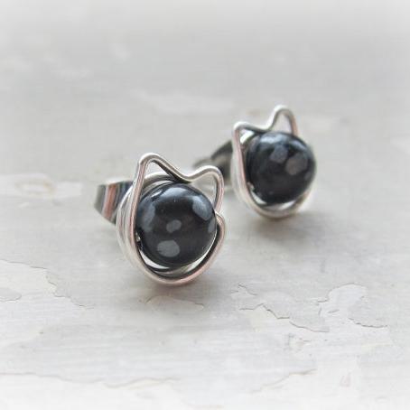 Cat Silver Earrings With Spotted Obsidian