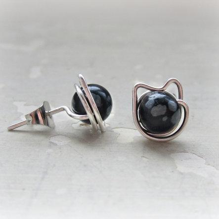 Sterling Silver Cat Shaped Stud Earrings For Women With Obsidian Gem Stones