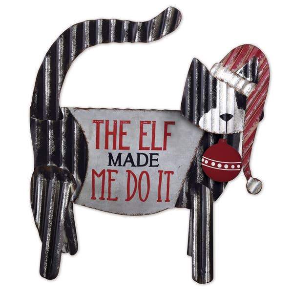 Cat Christmas Garden Decor, Cat Christmas Decoration Featuring A Black Cat In A Santa Hat And The Words "The Elf Made Me Do It"