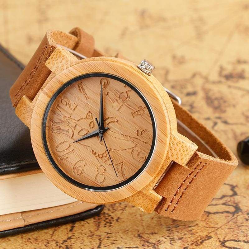Unique Gifts for Cat Lovers, Wooden Cat Watch Featuring a Bamboo Dial Engraved with a Charming Cat Silhouette