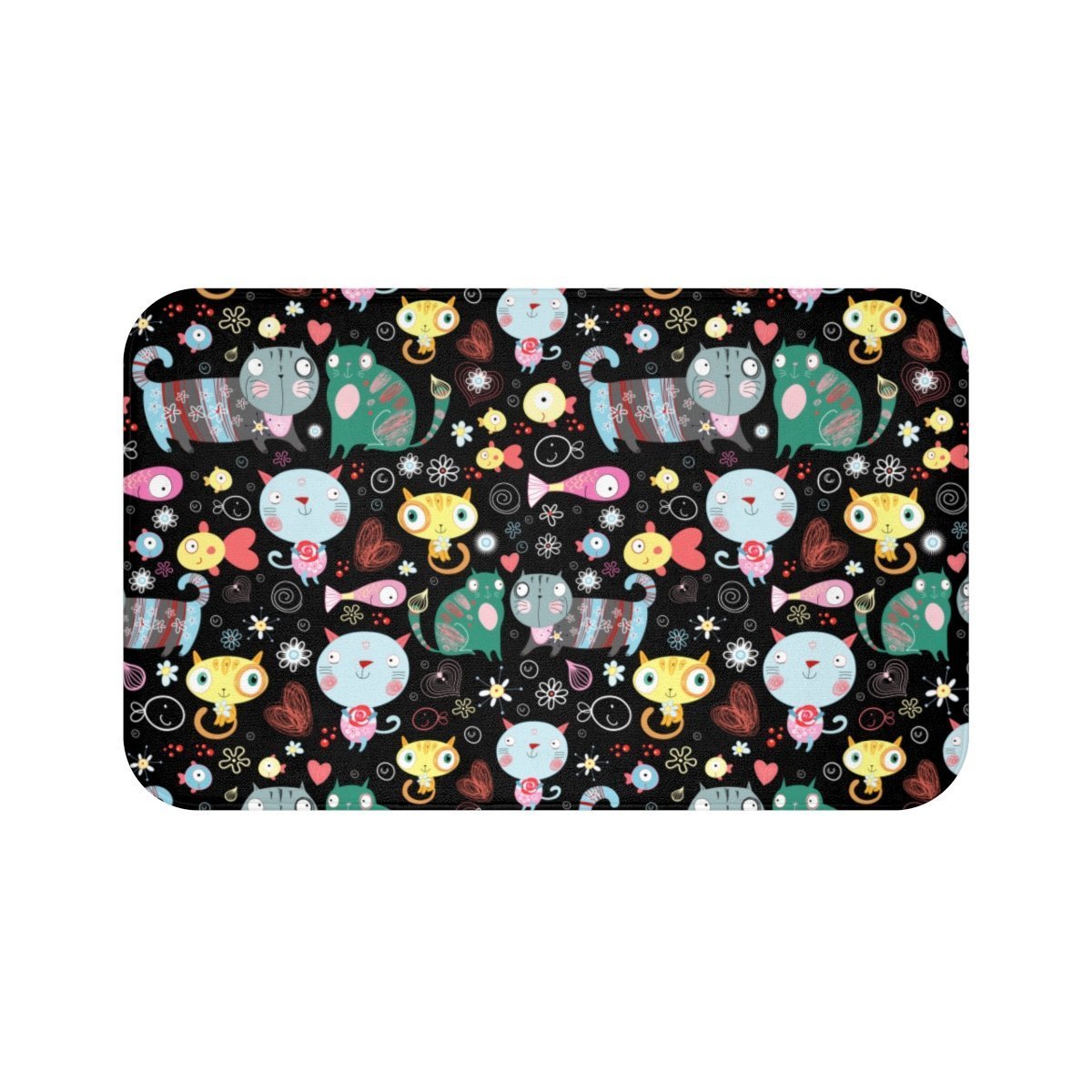 Refresh your cute home decor collection with this adorable abstract cat bath mat featuring a vibrant print on a black background.