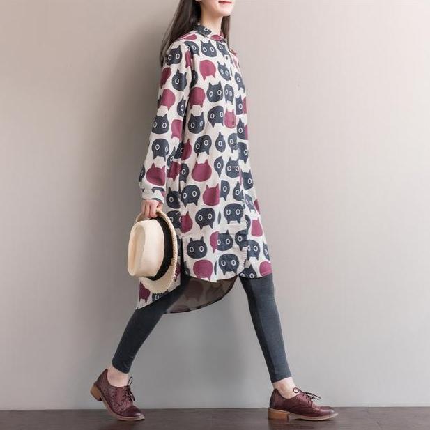 With abstract cat themed print in red and gray, this cat themed shirt dress looks great with virtually anything in your closet.