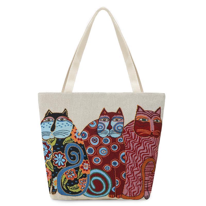 Bags with Cats On Them, Cats Tote Bag Decorated with Three Embroidered Cats