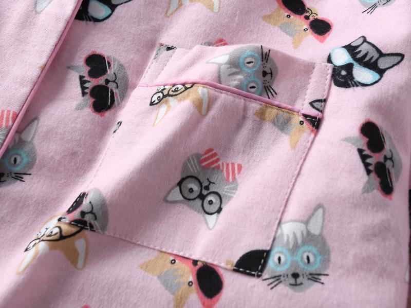 These pink cat print pajamas make for a thoughtful gift for a cat lady and they are both cute and comfy to wear.