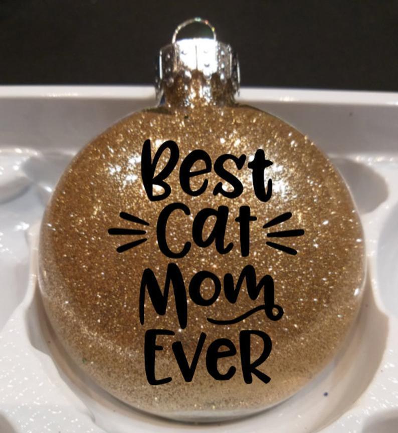 Cat Themed Christmas Gifts for Women, Best Cat Mom Ever Christmas Ornament In Golden Glitter