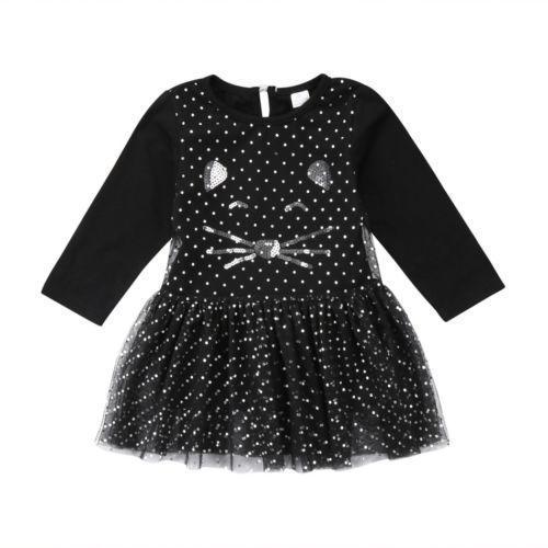Black cat dress for girls featuring a tutu skirt and sequins decoration