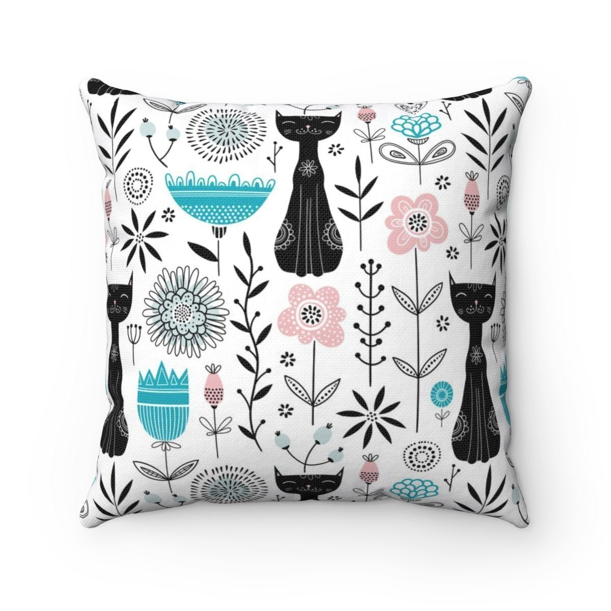 In addition to the unique black cat print, this cute cat pillow also features blue, pink, and black abstract flowers.