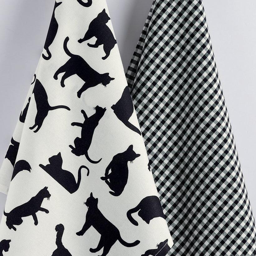 Black Cat Tea Towel And Black And White Checkered Kitchen Towel