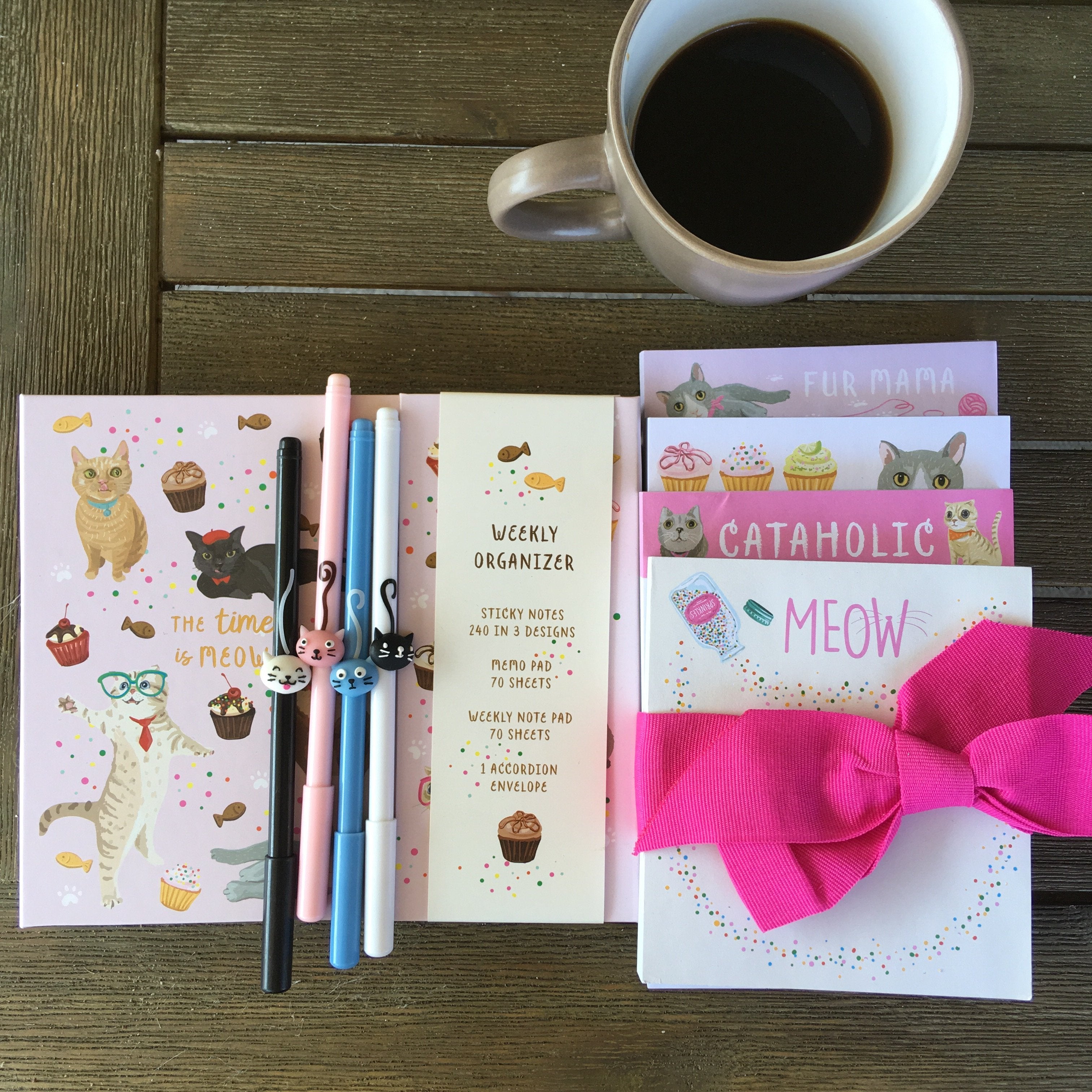 Unique Cat Themed Gift Set for Cat Lovers Featuring 4 Cat Notepads Cat Pens and a Cat Daily Planner