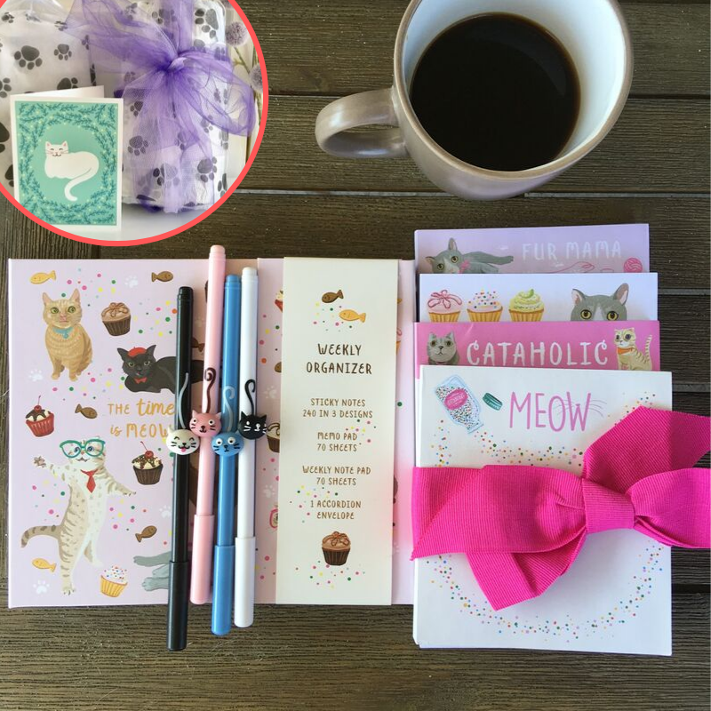 Cat Lover Gift Set Featuring Cat Notebook Notepad Set and Pens