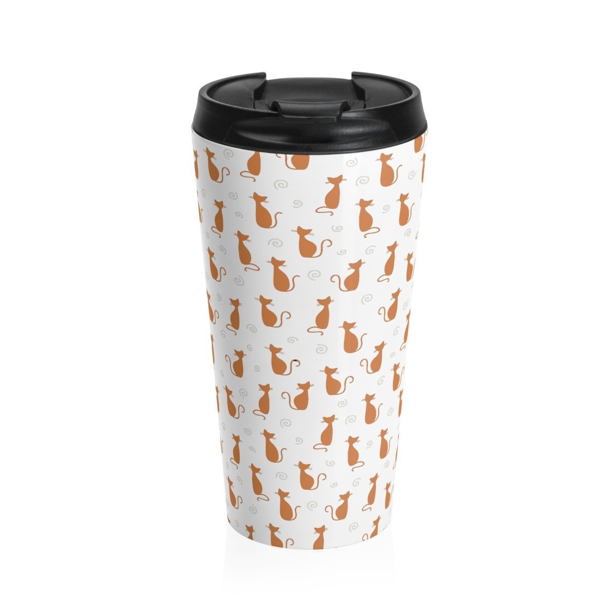 This stainless steel cat travel mug is decorated with orange cats on a white background and is inspired by the cute spots of calico cats.