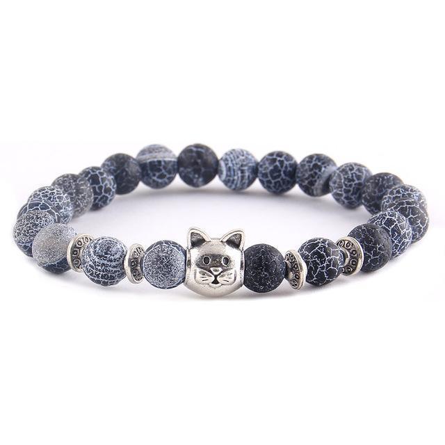 Unique Gifts for Cat Lovers, Cat Charm Bracelet with Blue Stone Beads