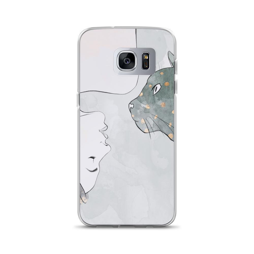 Featuring a high-quality print of a woman and her gray tabby, this cat Samsung phone case is elegant and one of a kind.