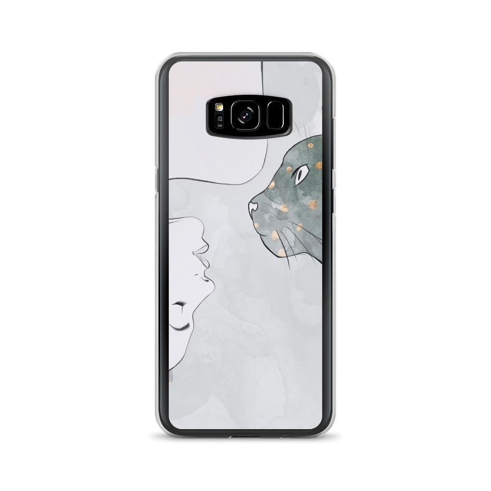 This Cat Harmony Samsung phone case features a silhouette of a woman and her cat printed in a soft gray scale.