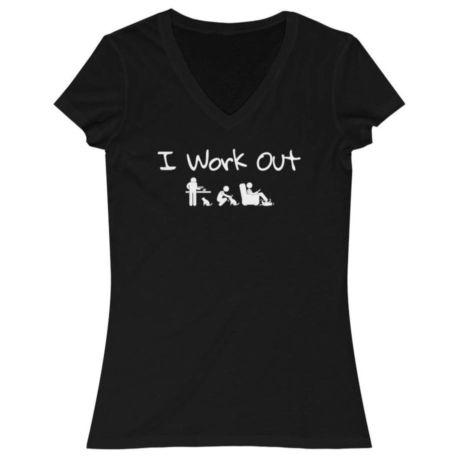Gifts for Crazy Cat Lovers, Funny Cat T-Shirt Featuring the Words I Work Out and A Stick Figure Petting Playing and Feeding A Cat Printed On the Front