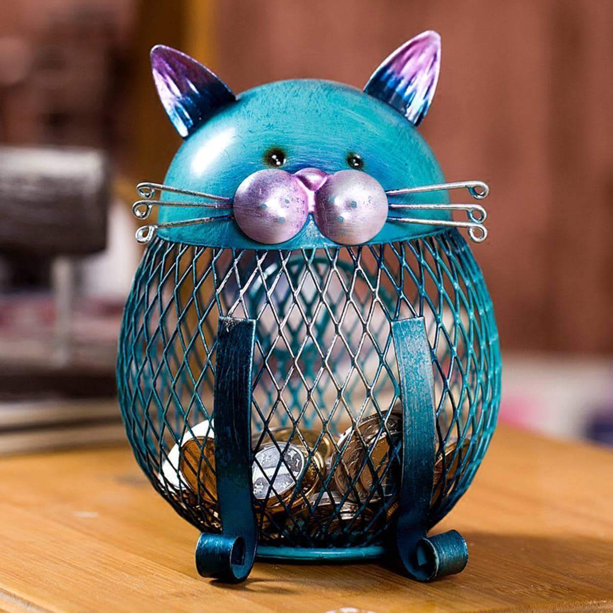 This cat piggy bank is made of sturdy iron and is painted with an environmentally friendly baked paint to ensure the beautiful blue color stays bright and vibrant.