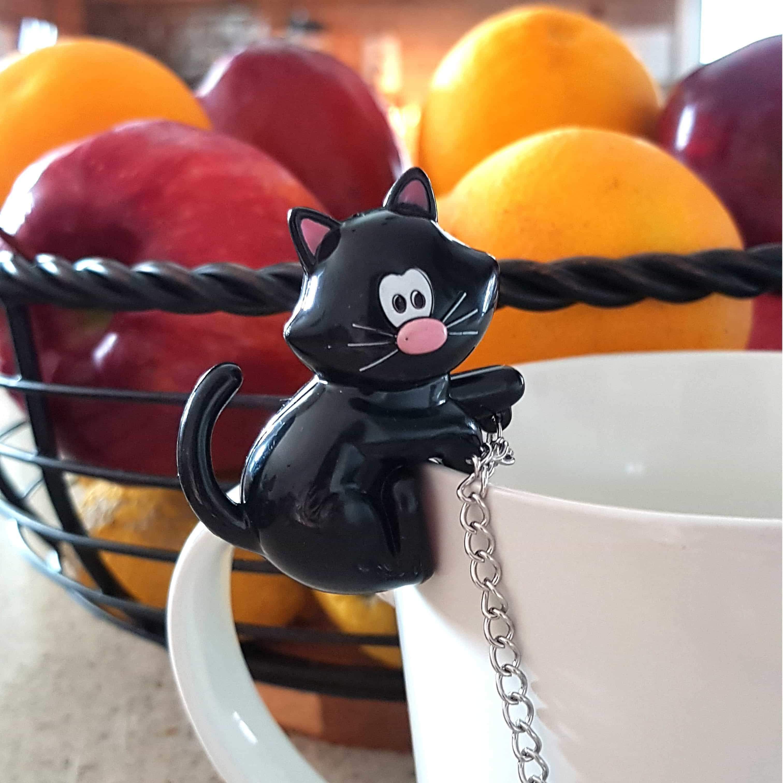 Unique Gifts for Cat People, Cat Tea Strainer Featuring a Black Cat and a Metal Fish Shaped Strainer
