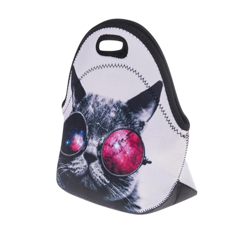 Cat Lunch Bag for Women Featuring a Cat Wearing Glasses Printed On A White Fabric
