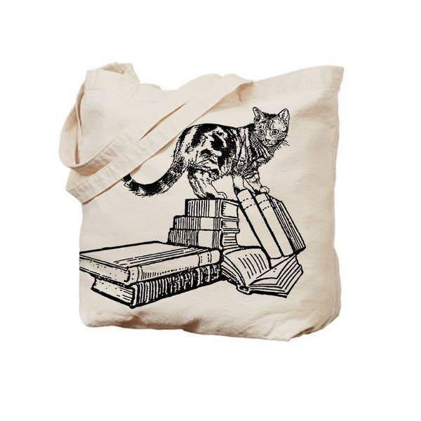 Cats And Books Canvas Tote For Cat Lovers