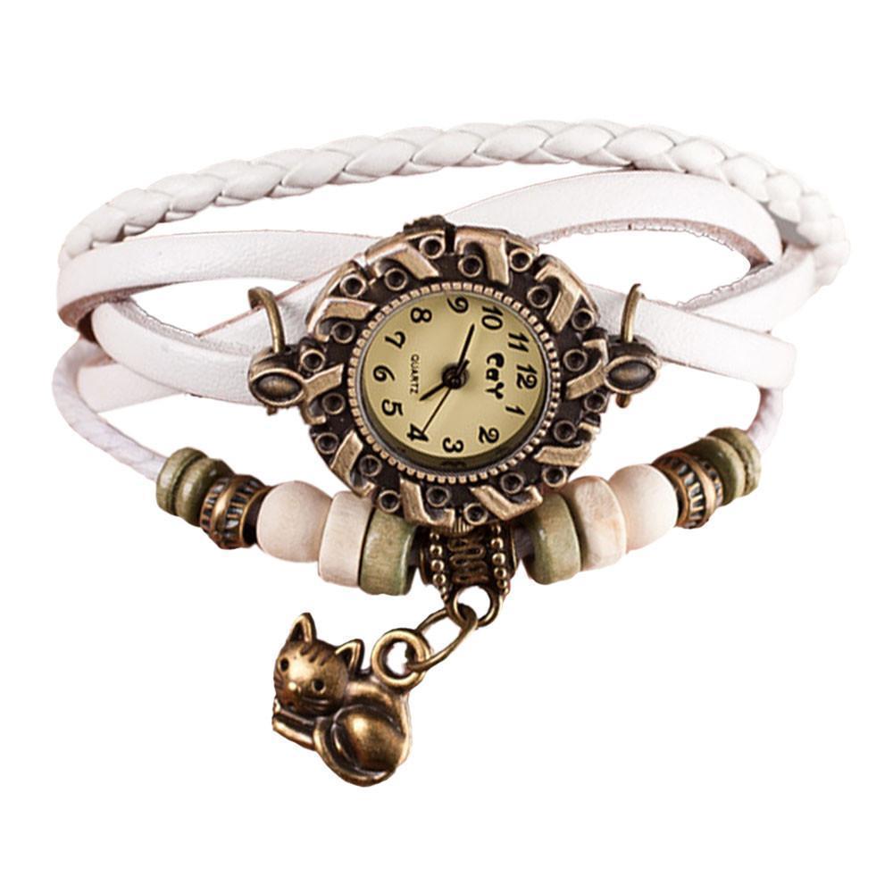 Cute cat watch with white leather straps, a vintage dial, beads, and a cat charm