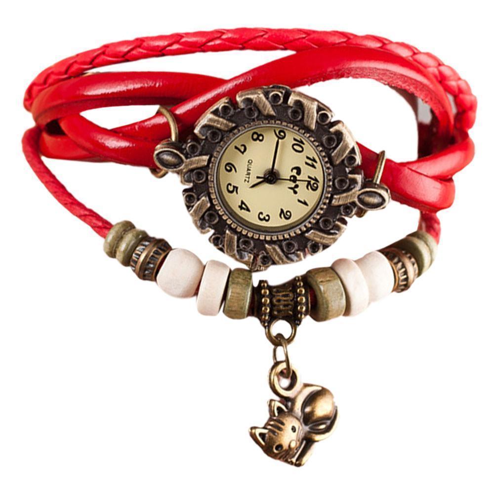 This cute cat watch features red leather straps braided for a boho vibe you'll love.