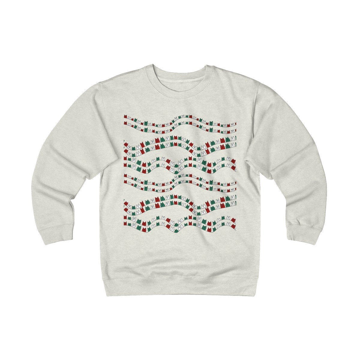 Pick this funny cat Christmas sweater for men as a unique Christmas gift for cat lovers. The cat sweater features red white and green cats.