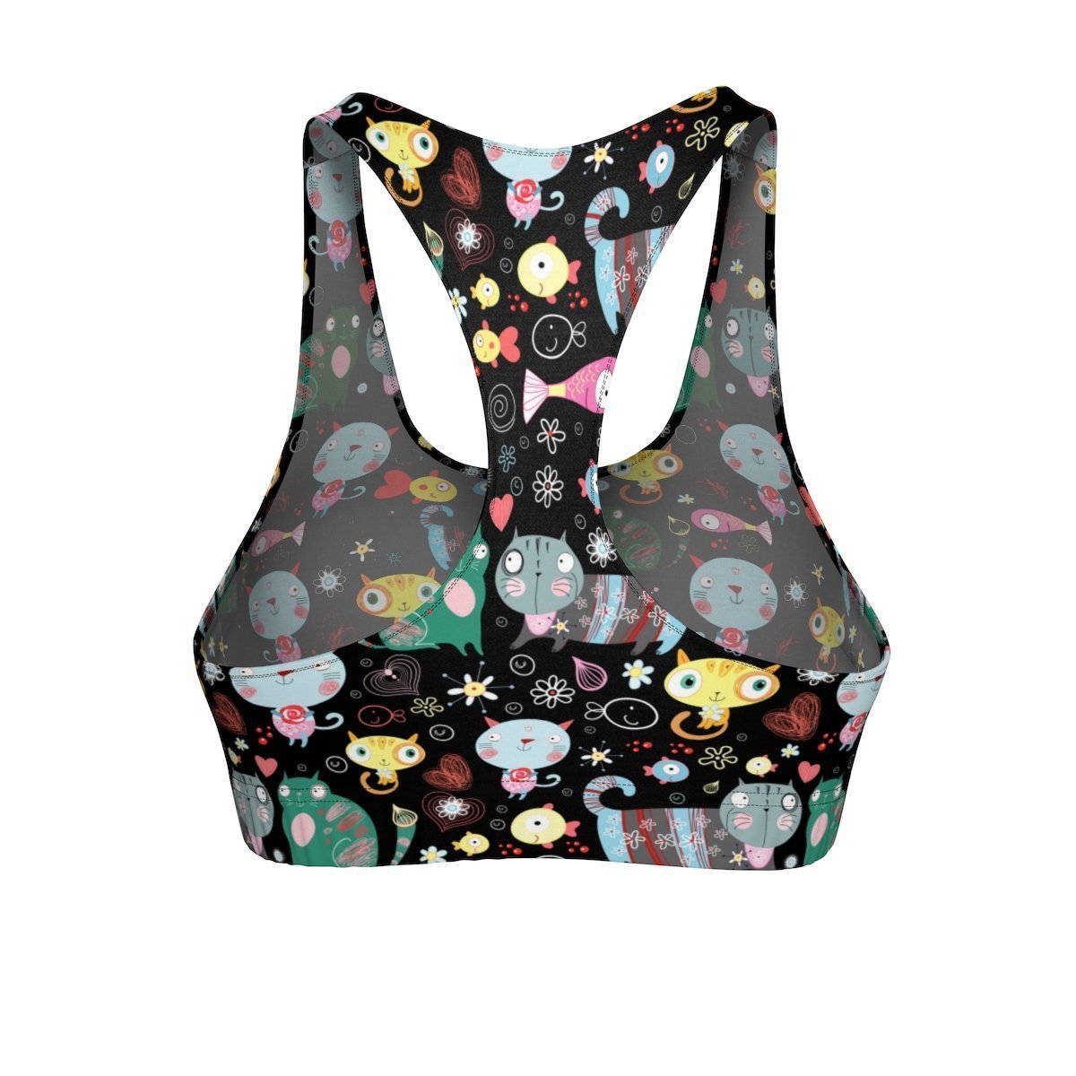 Racerback cat sports bra for women featuring colorful cats printed on a black fabric