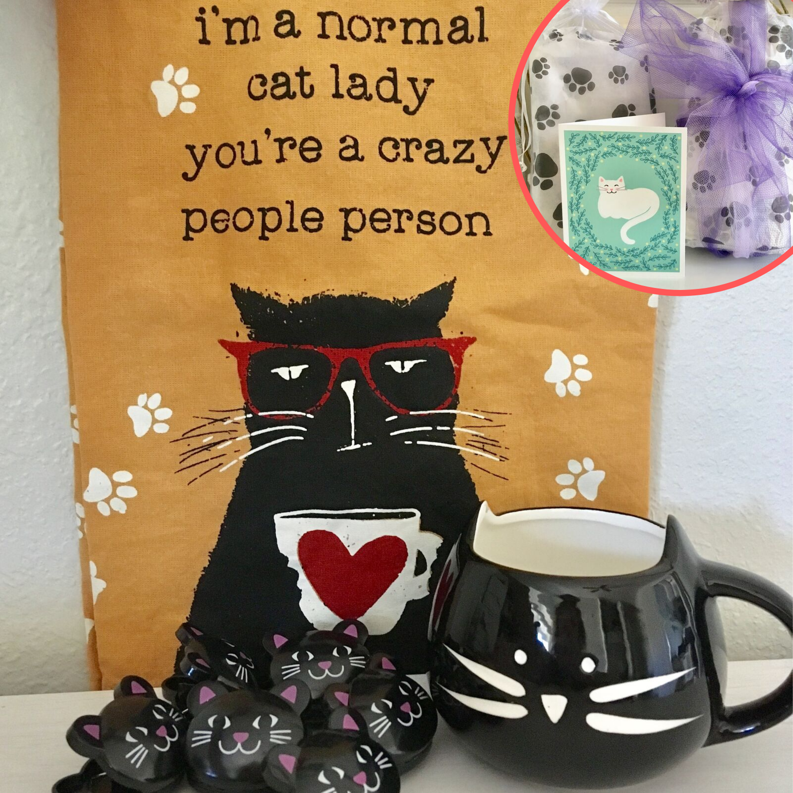 Crazy Cat Lady Gift Set Featuring Cat Shaped Mug Funny Cat Kitchen Towel and Cat Food Bag Clips