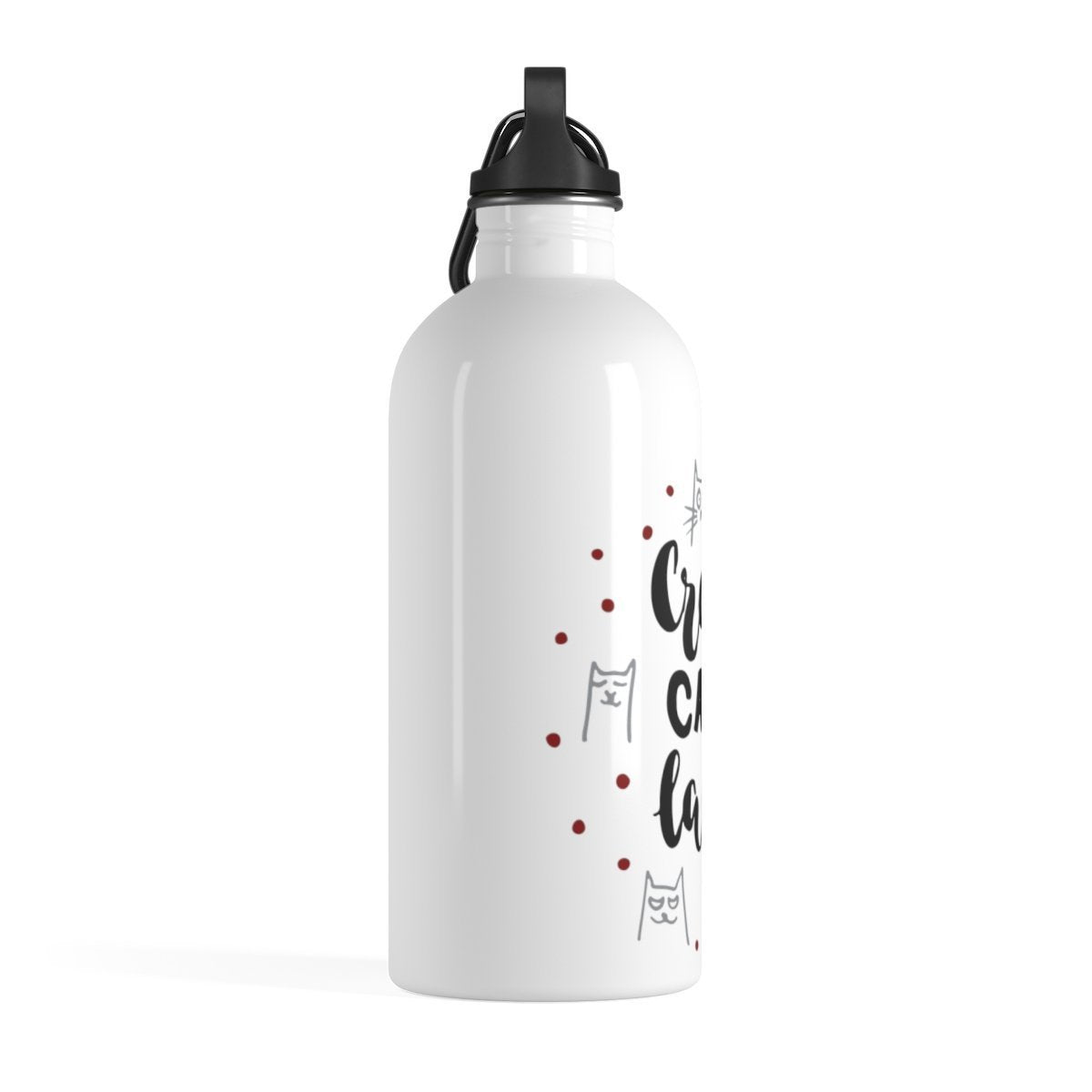 One of this crazy cat lady store's favorite accessories, this cat water bottle features the phrase "Crazy Cat Lady" printed in black.