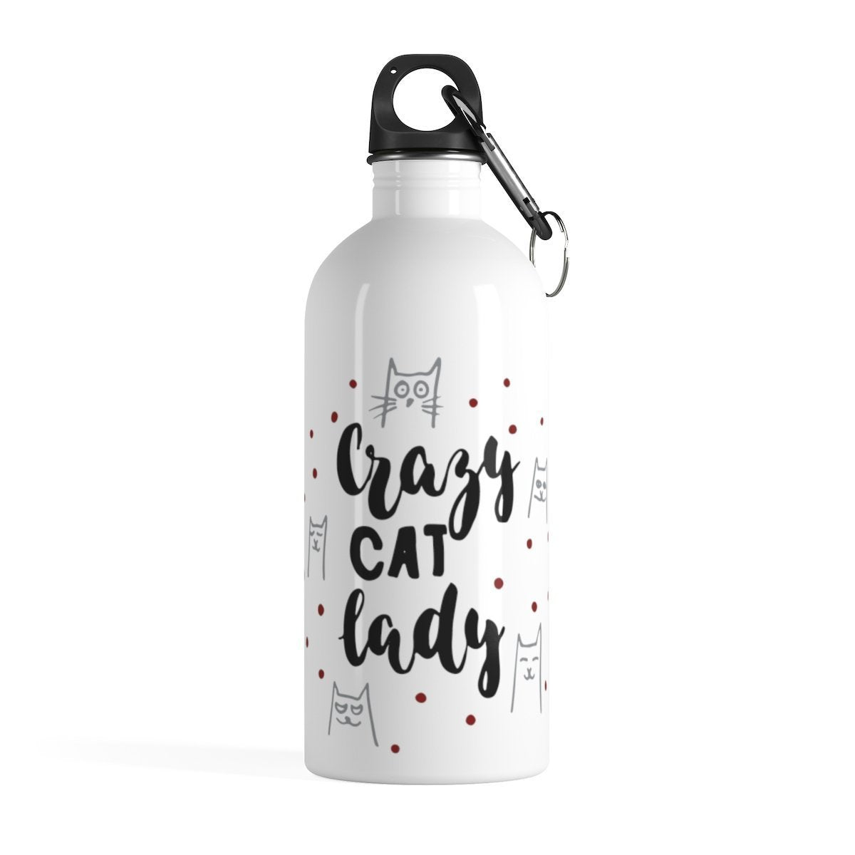 If you're looking for fun things for cat lovers, pick up this cat water bottle featuring the print "Crazy Cat Lady" in black across the front.